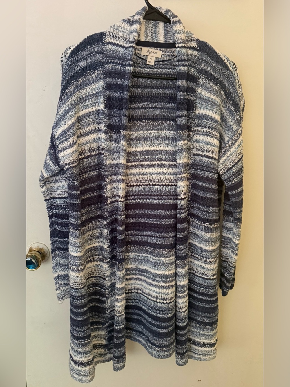 Style & Co. Women's Blue and White Striped Open Cardigan